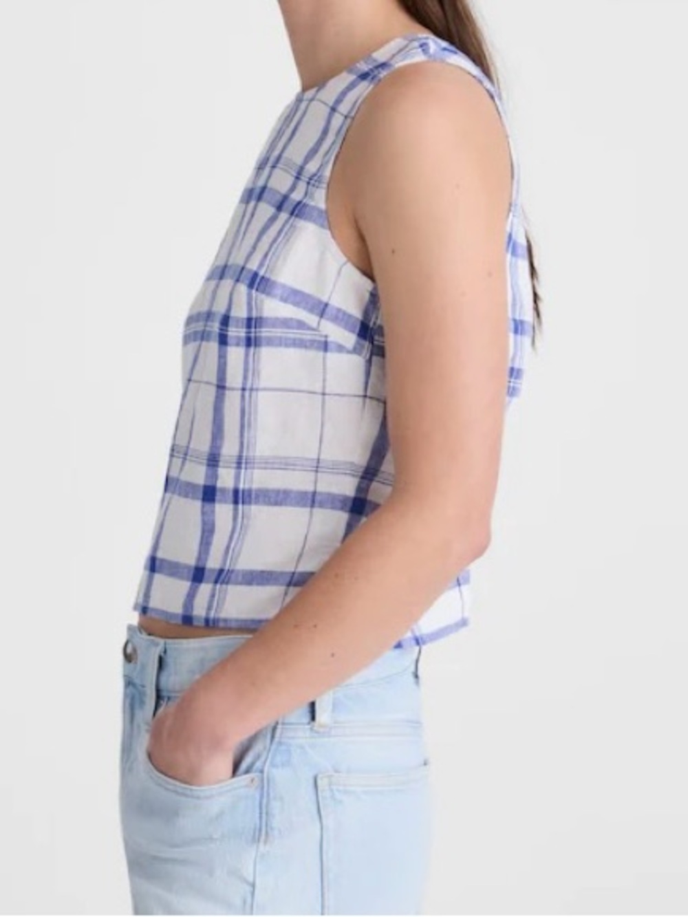 NWT Madewell Tie-Back Shell Top in 100% Linen in Oversized Blue White Plaid - Picture 3 of 6